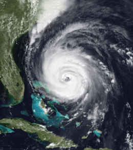 Satellite image of hurricane, located to the east of Florida.