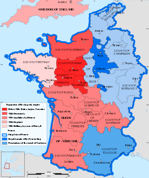 Multi-coloured map of 12th-century France and southern England