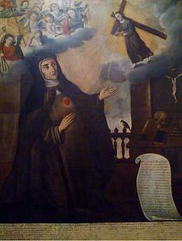 Allegoric painting of Francisca Josefa de la Concepción, kneeling whilst receiving a mystic vision.