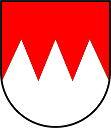 Argent, a chief indented gules (the Franconian Rake)