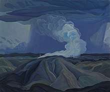 Landscape painting of a blue and brown mountain in the foreground and smoke billowing across the sky