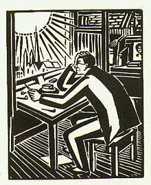 Black-and-white illustration of a man seated and hunched over a table, facing left, holding his art tools.  Out the window on the left, the sun beats down upon the man.