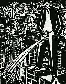 A black-and-white drawing of a giant man urinating on a city.