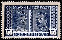 The bluish-tinted stamp shows Sophia, duchess of Hohenberg on the left, and Franz Ferdinand on the right. The stamp is titled "Militärpost" ("Military Mail") at the top, and the date of the couple's deaths at the bottom.