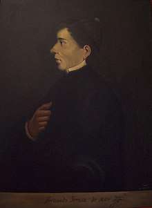 Left-facing profile portrait of Mier in priestly attire. He is depicted with black hair, brown eyes and and a pointed nose.