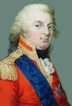 Painting of a man with a cleft chin wearing a red military coat with gold epaulettes and a dark blue sash.