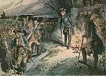 a dejected army trudges from a burning village, supervised by man in blue coat
