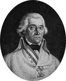Black and white oval print of a man with round eyes who wears a white military uniform.