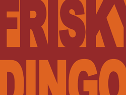 Block text, the word Frisky in red on orange, and below the word Dingo in orange on red