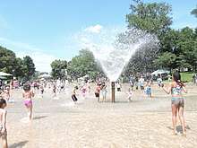 Children celebrating the annual opening day of the Frog Pond Spray Pool.