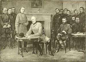 Old American Civil War painting of generals assembled to surrender