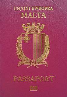 Cover of a Maltese biometric passport. Cover is burgundy colour with a gold-coloured coat of arms.  Text reads "UNJONI EWROPEA"  and "MALTA" above the crest, with "PASSAPORT" below