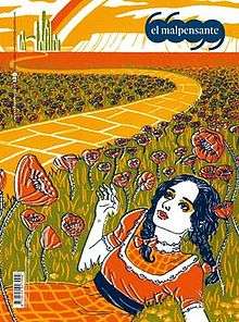 Front cover of issue 129 of El Malpensante magazine, featuring the work of Canadian graphic artist Julia Minamata depicting a rendition of The Wizard of Oz showing Dorothy laying amongst a field red poppies.