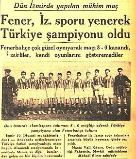 Turkish newspaper Cumhuriyet announcing the Turkish championship title of Fenerbahçe on its front page on 11 November 1933