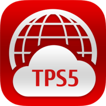 A logo consisting of a red background bearing a white wireframe globe, the bottom half of which is covered by a white cloud. The cloud bears the letters "TPS5" in red.