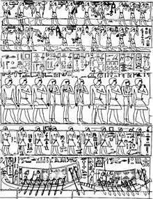 A scene presented in narrow, horizontal rows, one above another. Four of the rows show people walking in single file. In the first two rows, they carry offerings. Those in the third row have titles in hieroglyphic above them. Most put one hand on their heart as they walk. So do the people in the next row, who are smaller and lack titles. The bottom row shows two boats with oars, one following the other. Caption and text discuss this scene.