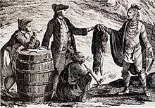 Illustration of fur traders trading with an Indigenous person