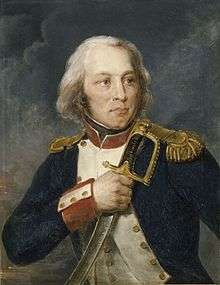 Painting shows a clean-shaven man with a long nose and long white hair clutching a sword to his chest with his right hand. He wears a dark blue military uniform with white lapels and an epaulette on his left shoulder.