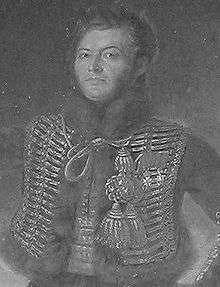Black and white print shows a clean-shaven man in a hussar uniform.