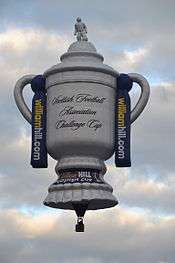A hot air balloon shaped like the Scottish Cup trophy.