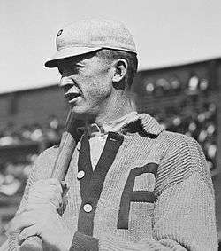 A man wearing a sweater with the block letter "P" over the left breast and a light-colored baseball cap with the same "P" on the front holds a baseball bat over his right shoulder.