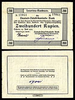 A 200 German East African rupie provisional banknote issued in Dar es Salaam in 1915–17. Currency had to be printed locally due to a significant lack of provisions resulting from the naval blockade.
