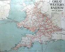 A map showing Wales and south west England. The words Great Restern Railway" are at top left, the sea is pale blue and railway lines red, many of which seem to radiate from London on the right