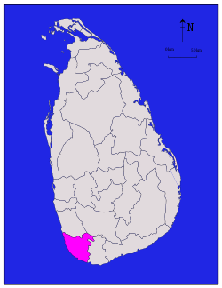 Area map of Galle District, converging inwards from the south west coast, in the Southern Province of Sri Lanka