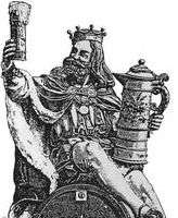 Gambrinus in kingly garb sits casually on a beer keg as he regards a foaming chalice and balances a large pitcher on his thigh.