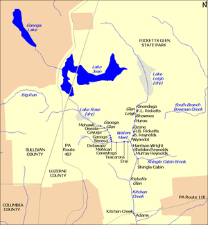  Map shows Kitchen Creek flows southeast from Ganoga Lake, through Lake Jean, dry Lake Rose, and ten waterfalls in Ganoga Glen. A second branch flows south through dry Lake Leigh, then eight waterfalls in Glen Leigh. The branches meet at Waters Meet then flow south through six waterfalls in Ricketts Glen. South Branch Bowman Creek is east of Lake Leigh and Big Run is west of Lake Rose. Pennsylvania Route 487 runs north-south at left, and Pennsylvania Route 118 runs east-west at the bottom of the map.
