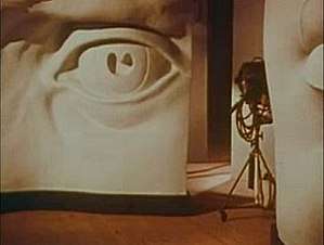 Photograph showing a rectangular plaster sculpture standing on a floor. The sculpture shows a portion of a person's face with the eye, eyebrow, and part of the upper cheek. The sculpture is about 2 meters high and 1 meter wide. There is a second, similar sculpture of a person's mouth that is standing closer to the viewer; only a portion of it is visible. There is a television camera on wheels between the two sculptures.