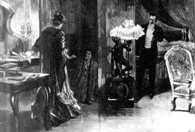 Scene showing a woman standing, another woman kneeling, discovered listening at a keyhole, and a man standing half hidden