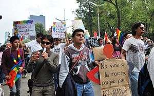 Male gay-pride marchers, with signs and rainbow flags