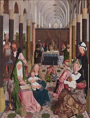An oil painting of the Virgin Mary and her numerous relatives and offspring, set within a Gothic cathedral
