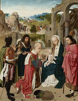 An oil painting of the Adoration of the Magi, set near ruins in a fantasy landscape