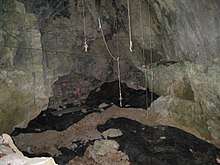 Interior of a cave with several dark pools on the rough floor