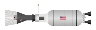 Drawing of a spacecraft and a rocket stage docked together