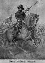 General Benjamin Harrison on a white charger urges his troops onwards.