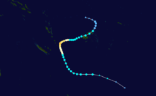 Track map of a tropical cyclone moving through the Fiji Islands
