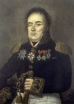 Painting depicts a man in a dark blue military coat with a lot of gold braid. His right eye is damaged and closed while his left cheek is badly scarred.
