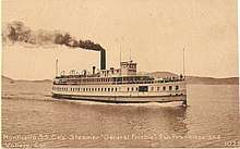 Monochrome postcard showing a steamboat at sail, smoke billowing behind. Text reads: "Monticello S. S. Co's. Steamer "General Frisbie"-San Francisco and Vallejo, Cal."