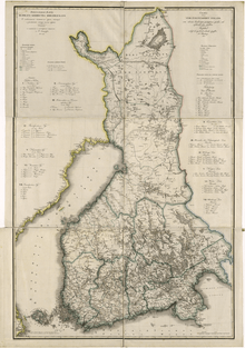 A map from 1825 illustrates the Grand Duchy of Finland, then part of the Russian Empire. The map has several creases from folding. Place names and legend are written in Russian cyrillic script and Swedish.