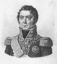 Black and white print of a wavy-haired man in a dark high-collared military coat with epaulettes and much gold braid.