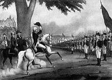 Engraving of a uniformed man on a white horse lifting his hat as the horse moves towards a line of soldiers