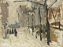  An impressionistic looking study in fog or snow with a bridge and a line of trees, a few walking figures on the left