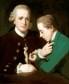 George Romney (English, 1734–1802), Robert, 9th Baron Petre, Demonstrating the Use of an Écorché Figure to His Son, Robert Edward c. 1775 – 1776, 76 x 63.2&nbsp;cm, Oil on canvas, Levy Bequest Purchase, Collection of McMaster Museum of Art, McMaster University