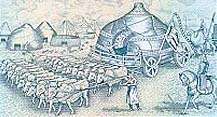 Drawing of a wheeled yurt pulled by oxen