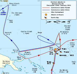 Map of the South Pacific showing the routes taken by the German vessels and locations where Allied ships were sunk as described in the article