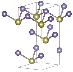 Unit cell of rhombohedral germanium telluride under standard conditions. The purple atoms represent the germanium ions.