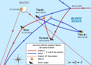 Map of the Nauru region showing the movements of German ships and locations where Allied ships were sunk as described in the article
